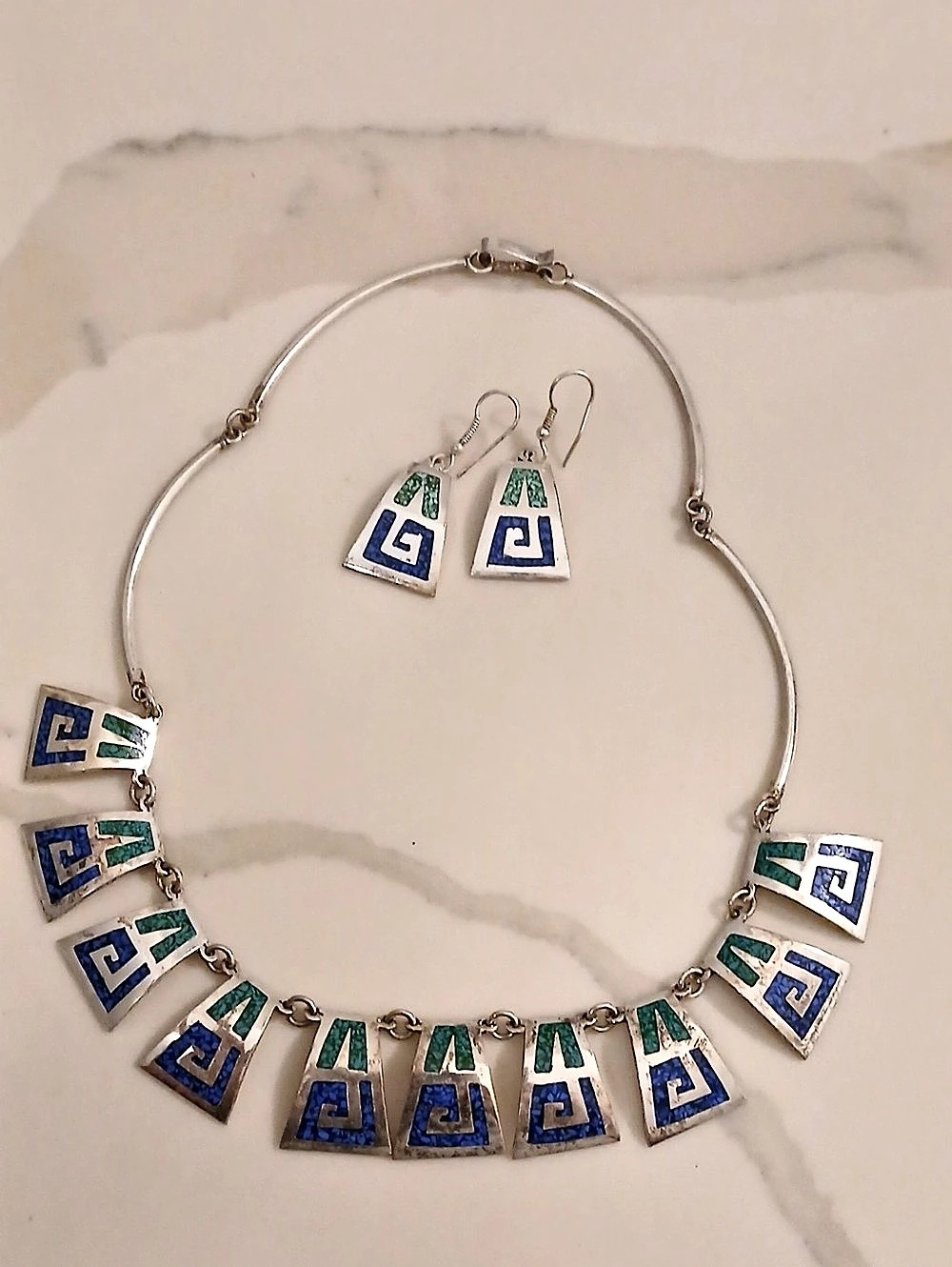 Vintage Alpaca Silver Blue Geometric Jewelry Set